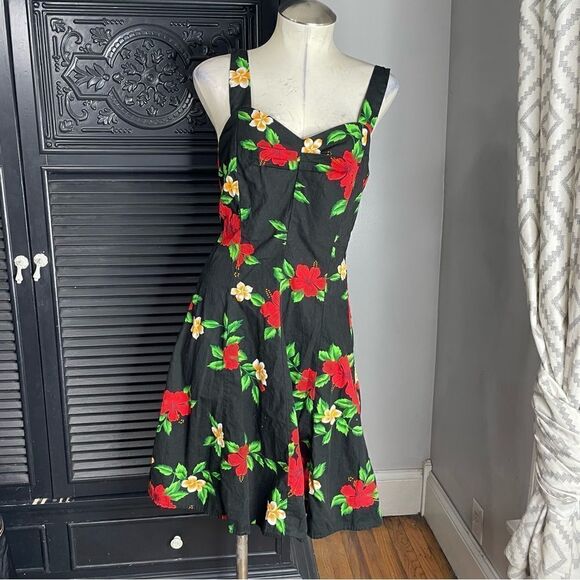 Royal Creations Dress Hawaiian Floral Tropical Smocked Fit Flare‎ Rockabilly L - Picture 2 of 10